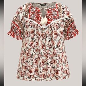 Bohemian Floral Print Blouse with Tassels